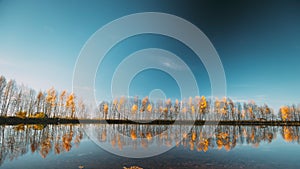 Autumn Forest woods lake coast. Landscape Woodland Slider Time Lapse, Time-lapse. reflection on water surface wide angel