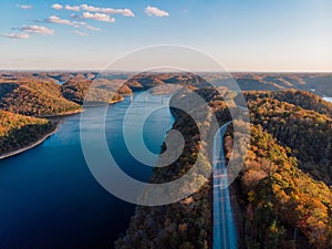 Autumn forests bridge and river overlook by drone DJI mavic mini