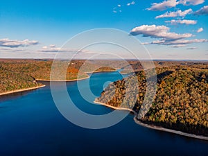 Autumn forests and river overlook by drone DJI mavic mini