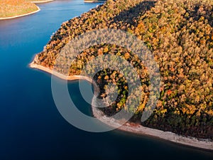 Autumn forests and river overlook by drone DJI mavic mini