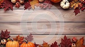 Autumn frame decor from pumpkins, berries and leaves on a white wooden background. Concept of Thanksgiving day or