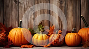 Autumn frame decor from pumpkins, berries and leaves on a white wooden background. Concept of Thanksgiving day or
