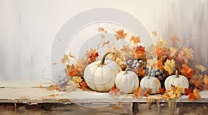 Autumn frame decor from pumpkins, berries and leaves on a white wooden background. Concept of Thanksgiving day or