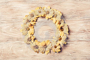 Autumn frame of dried flowers. Autumn composition of dried chamomile. fall concept. Autumn background. Flat lay, top