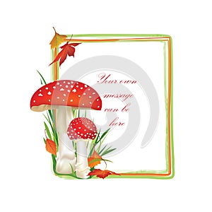 Autumn frame with fall leaves and mushroom isolated on white background.