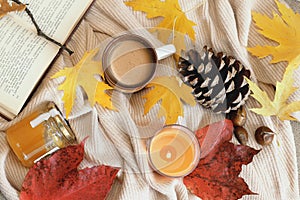 Autumn frame flat lay composition on a beige wool background. Maple leaves, season coffe, open book, orange aromatic candle, pinec