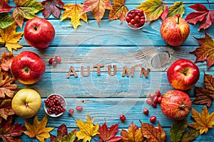 Autumn frame with pomegranate, apple and fall leaves. Fall background. Autumn frame with pomegranate, apple and fall leaves over photo