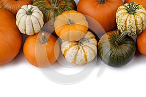 Autumn frame of pumpkins on white