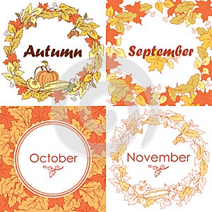 Autumn frames and wreaths with leaves, vegetables and fruits