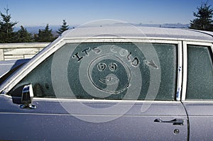 Autumn frost on a car window on Skyline Drive Route 7A, Summit of Mt. Equinox in Vermont