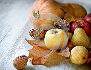 Autumn fruit on table, autumn harvest , autumn crop on table