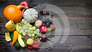 Autumn fruits and vegetables Still life on old wooden boards