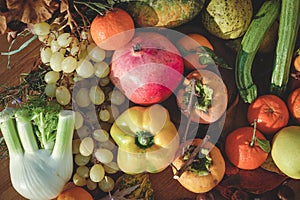 autumn fruits and vegetables - top view - rustic composition