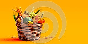 Autumn fruits and vegetables in wooden basket on vibrant yellow background