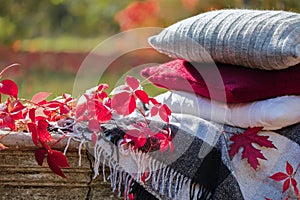 Autumn garden. On the stone bench there is a blanket, pillows, a basket of apples and a burgundy hat with rubber boots