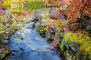 Autumn garden with stream water and reflection lake at Eikando t