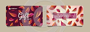 Autumn Gift Voucher discount template with colorful leaves pattern. Card template with modern graphic