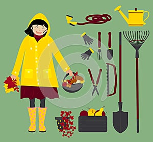 Autumn girl with gardening instruments. Vector