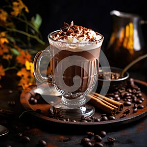 An autumn glass of coffee with whipped cream