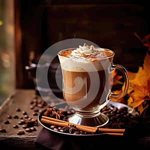 An autumn glass of coffee with whipped cream