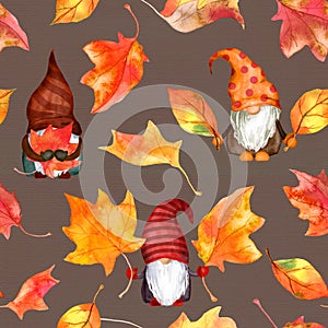 Autumn gnome family with leaves. Repeated seasonal pattern of scandinavian dwarf. Watercolor on dark background