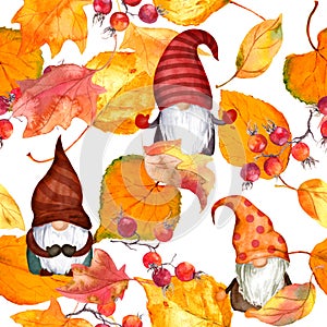 Autumn gnomes with leaves, red berries. Seamless autumn pattern with scandinavian dwarfs. Watercolor repeating