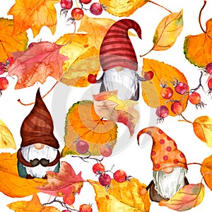 Autumn gnomes with leaves, red berries. Seamless autumn pattern with scandinavian dwarfs. Watercolor repeating photo