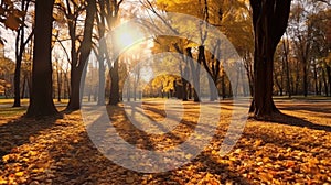 Autumn, Golden autumn scene in a park, with falling leaves, the sun shining through the trees and blue sky. morning sunlight.