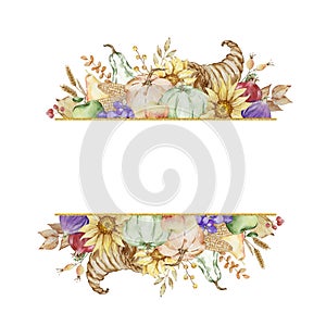 Autumn golden frame banner of watercolor cornucopia and pumpkins