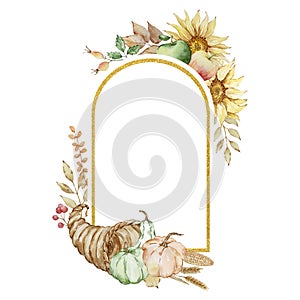 Autumn golden geometric frame made of watercolor cornucopia and pumpkins