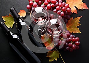 Autumn grape leaf, wine bottle, red wine generated by AI