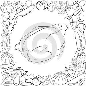 Autumn graphic card with turkey, fruits and vegetables in black and white colors. Vector Thanksgiving day design. Coloring book pa