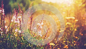 Autumn grass and wildflower background with sunlight. Blurred bokeh background