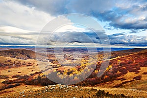 Autumn grassland cloudscape and forest