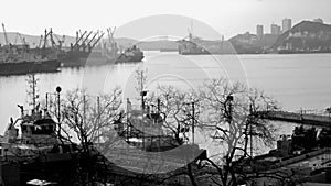 Autumn. Gray day. The Golden Horn Bay, Vladivostok.