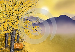 Autumn Halloween background with golden asp tree