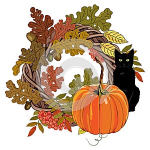 Autumn Halloween design. Autumn wreath of leaves and branches of oak and rowan, rowan berries, pumpkin and black cat
