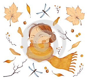 Autumn halloween mood. Watercolor set with illustration of portrait of girl in scarf, leaves, branch, hawthorn berries