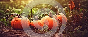 Autumn Halloween pumpkins. Autumn Halloween pumpkins. Orange pumpkins over nature background pumpkin on grass