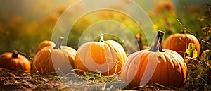 Autumn Halloween pumpkins. Orange pumpkins over nature background pumpkin on grass Generative AI