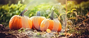 Autumn Halloween pumpkins. Orange pumpkins over nature background pumpkin on grass Generative AI