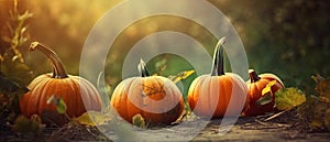 Autumn Halloween pumpkins. Orange pumpkins over nature background pumpkin on grass Generative AI