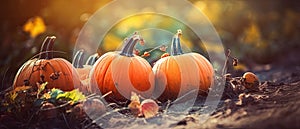 Autumn Halloween pumpkins. Orange pumpkins over nature background pumpkin on grass Generative AI