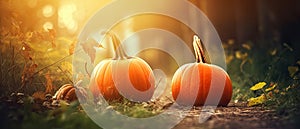 Autumn Halloween pumpkins. Orange pumpkins over nature background pumpkin on grass Generative AI