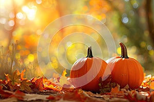 Autumn Halloween pumpkins. Orange pumpkins over bright autumnal nature background