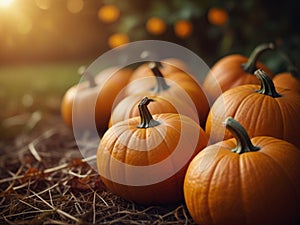 Autumn Halloween pumpkins. Orange pumpkins over nature background.