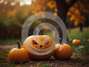 Autumn Halloween pumpkins. Orange pumpkins over nature background.