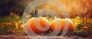 Autumn Halloween pumpkins. Orange pumpkins over nature background pumpkin on grass Generative AI