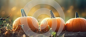 Autumn Halloween pumpkins. Orange pumpkins over nature background pumpkin on grass Generative AI