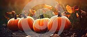 Autumn Halloween pumpkins. Orange pumpkins over nature background pumpkin on grass Generative AI